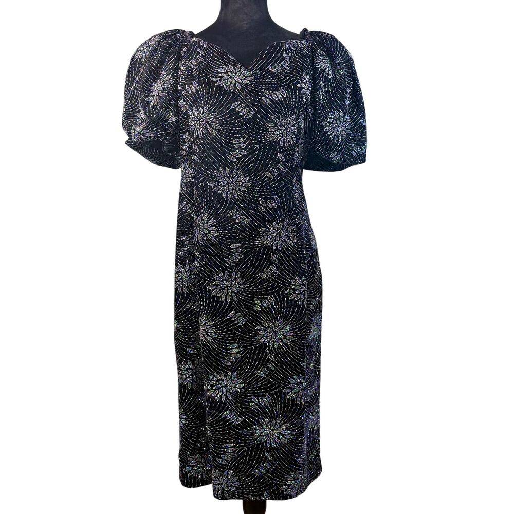 Vintage 90s Black Velvet Dress Puff Sleeve Glitter Fireworks Women's Medium Glam